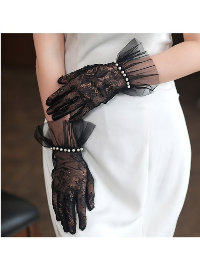 Women's Lace Gloves - Elegant Short Lace Net Gloves for Bridal Wear - Sheer Delicate Lace Pearl Gloves for Weddings, Formal Events, Tea Parties, Opera, for Bridal Gowns （back） - Image 4